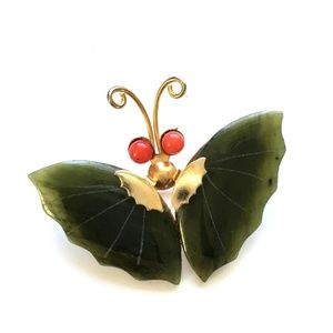 Vintage Jade Jewelry Butterfly Brooch  Gold Plated metal set with Jade and Coral